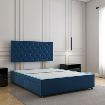 REGIONAL FURNISHINGS Blue Plush Velvet Divan Bed Set Upholstered With 24Inch Headboard 2Drawers Footend & No Mattress In 4Ft 4Ft6 5Ft 6Ft Sizes - image 1