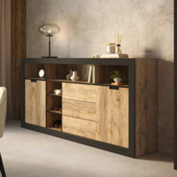 Arte Tudor Sideboard Cabinet 220Cm - Oak Sandal & Black Wide Sideboard With Sliding Doors, Drawers, And Shelves For Modern Storage