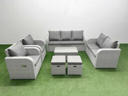 Fimous Pe Rattan Garden Furniture Set Adjustable Chair Sofa 2 Seater Sofa Lounge Set Oblong Coffee Table 2 Stools Light Grey - thumbnail 1