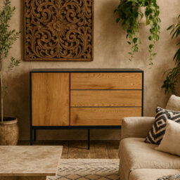 Wyld Haus El Paso Black Metal & Wild Oak Veneer 1 Door 3 Drawer Small Sideboard - thumbnail 2