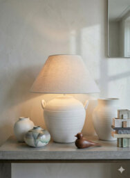 K Living White Ceramic Table Lamp With Natural Linen Shade 48Cm Modern Ribbed Pot Lamp - thumbnail 2