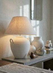 K Living White Ceramic Table Lamp With Natural Linen Shade 48Cm Modern Ribbed Pot Lamp - thumbnail 4