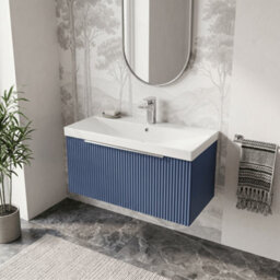Balterley Tixall Fluted 1 Drawer Wall Hung Vanity Unit With Thin Edge Basin, Satin Blue, 800mm - thumbnail 3