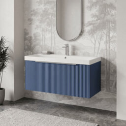 Balterley Tixall Fluted 1 Drawer Wall Hung Vanity Unit With Thin Edge Basin, Satin Blue, 800mm - thumbnail 2