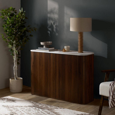 Birlea Kagu 2 Door Sideboard Fluted Ribbed Walnut & Marble Effect - image 1