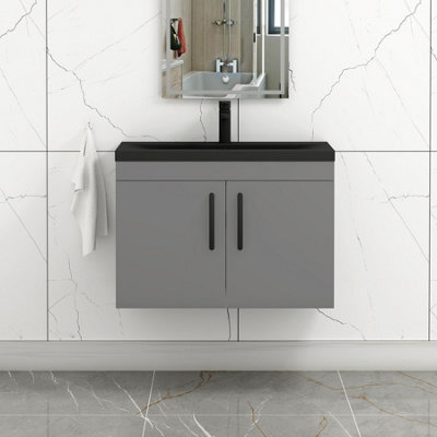 Royal Bathrooms Turin 800mm Wall Hung Vanity Unit 2 Door Indigo Grey Gloss With Black Basin & Handles - image 1
