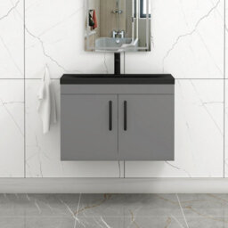 Royal Bathrooms Turin 800mm Wall Hung Vanity Unit 2 Door Indigo Grey Gloss With Black Basin & Handles - thumbnail 1