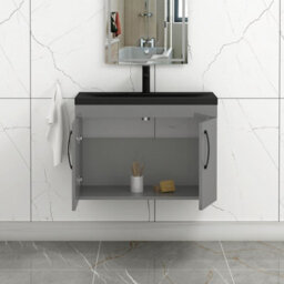 Royal Bathrooms Turin 800mm Wall Hung Vanity Unit 2 Door Indigo Grey Gloss With Black Basin & Handles - thumbnail 6