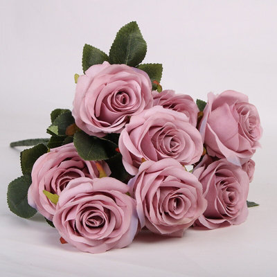 10 Heads Silk Rose Artificial Flowers Fake Bouquet Wedding Home Party Decor Uk Grey Purple - image 1