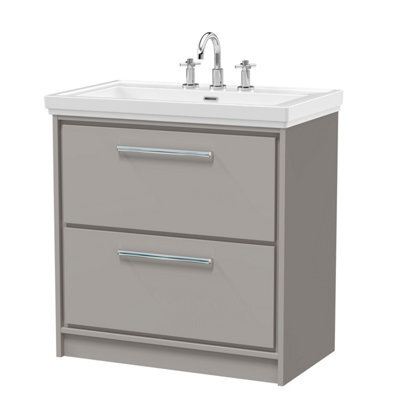 Balterley Longnor Modern Bathroom Floor Standing 2-Drawer Vanity Unit With Fireclay Basin, Pebble Grey, 800mm - image 1