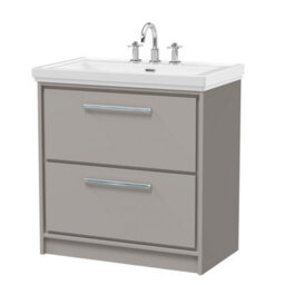 Balterley Longnor Modern Bathroom Floor Standing 2-Drawer Vanity Unit With Fireclay Basin, Pebble Grey, 800mm - thumbnail 1