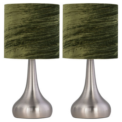 First Choice Lighting Set Of 2 Romana - Brushed Chrome Touch Operated Table Lamps Bedside Lights Dark Green Crushed Velvet Shade - image 1