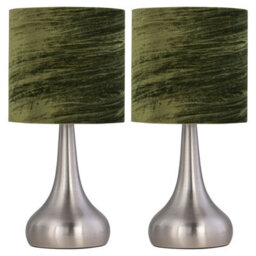 First Choice Lighting Set Of 2 Romana - Brushed Chrome Touch Operated Table Lamps Bedside Lights Dark Green Crushed Velvet Shade - thumbnail 1