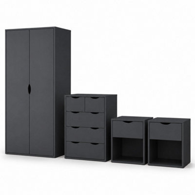 Afn Home Delvito 4 Piece Bedroom Set, 2 Door Wardrobe, 5 Drawer Chest & 2 Bedside Cabinets, Matt Black - image 1