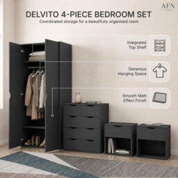 Afn Home Delvito 4 Piece Bedroom Set,  2 Door Wardrobe, 5 Drawer Chest & 2 Bedside Cabinets, Matt Black - thumbnail 9