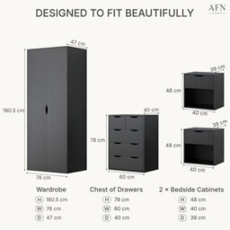 Afn Home Delvito 4 Piece Bedroom Set,  2 Door Wardrobe, 5 Drawer Chest & 2 Bedside Cabinets, Matt Black - thumbnail 7