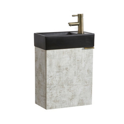 Homestylestore 400mm Grey Wall Hung Bathroom Vanity Unit Black Basin And Gold Finger Pull Handle - image 1