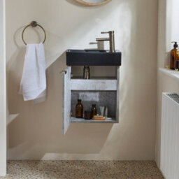 Homestylestore 400mm Grey Wall Hung Bathroom Vanity Unit Black Basin And Gold Finger Pull Handle - thumbnail 2