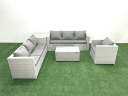 Fimous Wicker Pe Rattan Sofa Garden Furniture Set Armchair Oblong Coffee Table Side Table Light Grey - thumbnail 1