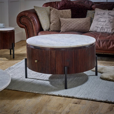 Worcester Ruby Mango Wood Round Fluted Coffee Table With Marble Top & Metal Legs - image 1