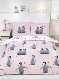 Starry Penguins Single Duvet Cover Set - Pink - thumbnail 1
