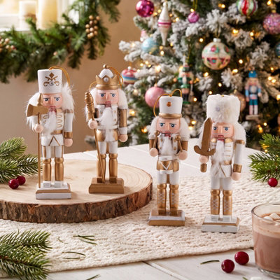 Living And Home 4Pcs Wooden Nutcracker Figurine Set Gold White Christmas Tree Hanging Ornament - image 1