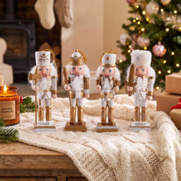 Living And Home 4Pcs Wooden Nutcracker Figurine Set Gold White Christmas Tree Hanging Ornament - thumbnail 3