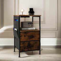 Pirlo Plush 2Pc Bedroom Bedside Tables With Charging Station Rustic Brown Industrial - thumbnail 5