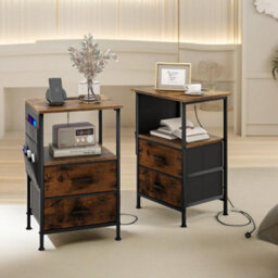 Pirlo Plush 2Pc Bedroom Bedside Tables With Charging Station Rustic Brown Industrial - thumbnail 1