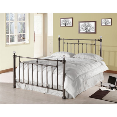 "TL Beds Polished Black Nickel Metal Bed Frame Featuring Crystal Effect Finials - Double 4Ft 6"""