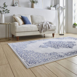 Blue Silver Traditional Abstract Bordered Easy To Clean Rug For Living Room Bedroom & Dining Room-120Cm X 170Cm - thumbnail 3
