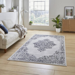 Blue Silver Traditional Abstract Bordered Easy To Clean Rug For Living Room Bedroom & Dining Room-120Cm X 170Cm - thumbnail 2