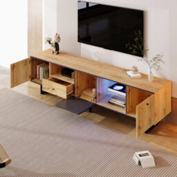 Btm Lowboard Tv Cabinet With Led Lighting, Glass Divider, Soft-Close Hinges, Modern Design - thumbnail 3