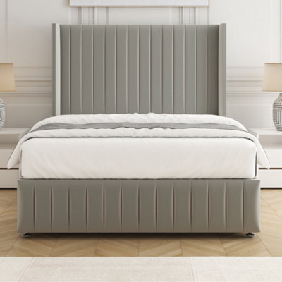 Bsspoke Luna Divan Bed Set Silver Plush Velvet 54Inch Wingedback Headboard & Footboard & Mattress No Drawers In All Sizes - image 1