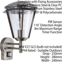 2 Pack Ip44 Outdoor Wall Lamp Brushed Steel Modern Pir Lantern Porch Curve Light - thumbnail 3