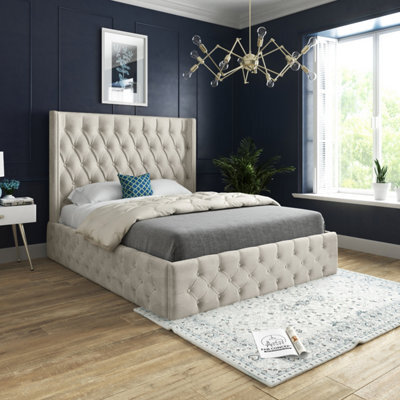 Turin Straight Winged Upholstered Soft Velvet Cream Bed Frame - image 1