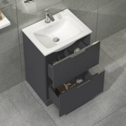Royal Bathrooms Evora 600mm Graphite Grey Fluted Floor Standing Bathroom Vanity Unit 2 Drawer Cabinet Storage With Stone Basin Sink - 1 Tap Hole - thumbnail 3