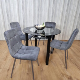 Kosy Koala Round Black Glass Dining Table Set With 4 Grey Velvet Chairs Modern Dining Room Furniture - thumbnail 3