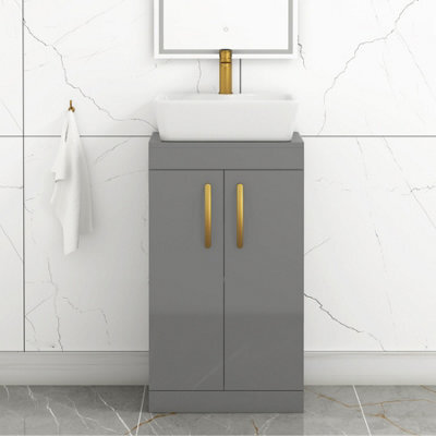 Royal Bathrooms 500mm Floor Standing Vanity Unit 2 Door Indigo Grey Gloss & Countertop Basin - Cube With Brushed Brass Handle - image 1