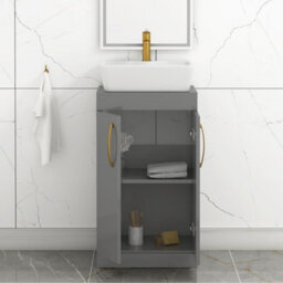 Royal Bathrooms 500mm Floor Standing Vanity Unit 2 Door Indigo Grey Gloss & Countertop Basin - Cube With Brushed Brass Handle - thumbnail 3