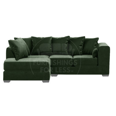 Furnishings For Less UK Ella Boxed Arm Plush Velvet 3 To 4 Seater L Shaped Corner Sofa  Green Left Hand Facing