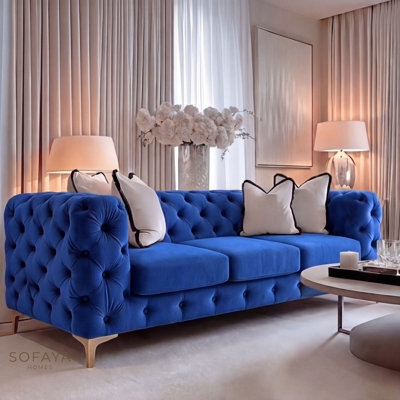 Sofaya Monaco Chesterfield Blue Velvet Sofa Set - 1,2,3 Seater & 3+2 Seater Set Deep Buttoned Cushions Upholstery Couch Settee - image 1