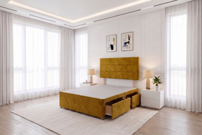 Knight Sleep York Mustard Plush 6Ft Divan Bed Base With 2 Drawers & Headboard-Super King - image 1