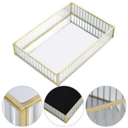 S Rectangular Mirror Tray - Gold Glass Metal Makeup Vanity Storage Organizer - thumbnail 1