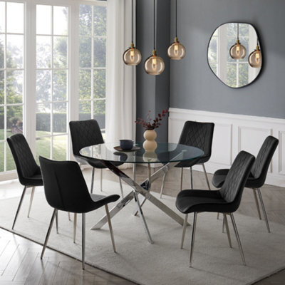 Home Detail Livorno Round Glass Dining Table With Silver Legs & Black Almeria Chairs, 6 Seater - image 1