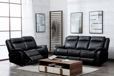Furnishings For Less UK New Hampshire Black 2 Piece Leather Aire Reclining Sofa Suite Recliner 3 Seater And 2 Seater - image 1