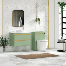 Royal Bathrooms Orion 800mm Mint Sage Wall Hung Plain White Countertop Vanity Unit 2 Drawer With Round Basin & Brushed Brass Accent Trim - thumbnail 3