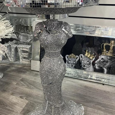 Biznest Silver Lady Mirrored Side Table Modern Plant Stands Bed Side Sparkle End Romany Pearl