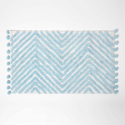 Homescapes Blue Cotton Bath Mat Tufted Zig Zag With Pom Pom Edges 50 X 80 Cm - image 1