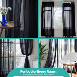 "Neel Blue Voile Curtains Slot Top, 2 Curtains, Black - 56"" Width X 81"" Drop" - thumbnail 8